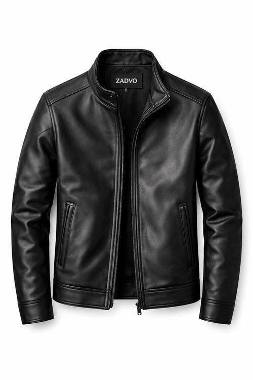 Premium Men's Black Lambskin Leather Jacket - Classic Zip-Up Stand Collar
