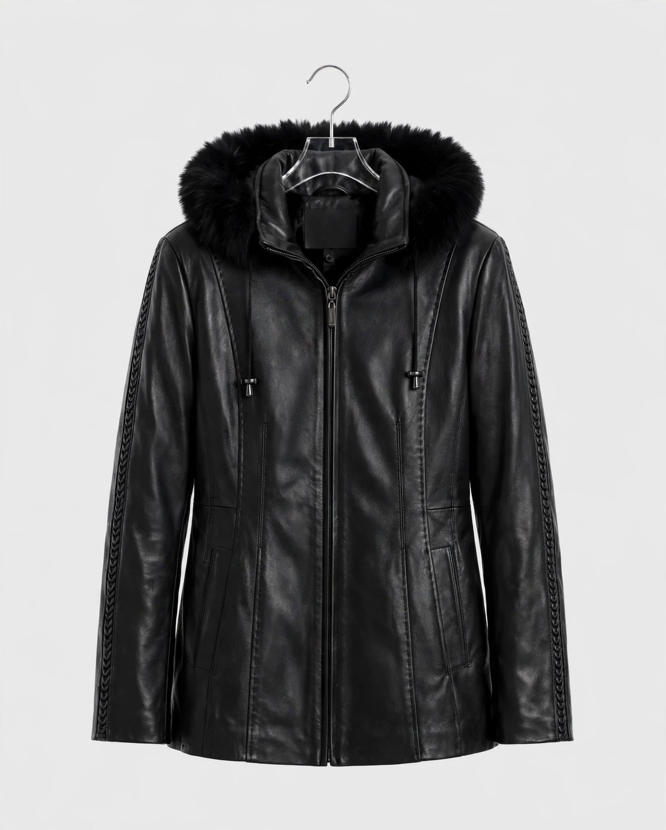 28" Fox Trimmed Leather Coat with Detachable Hood – Braided Leather Trim | JenZleather