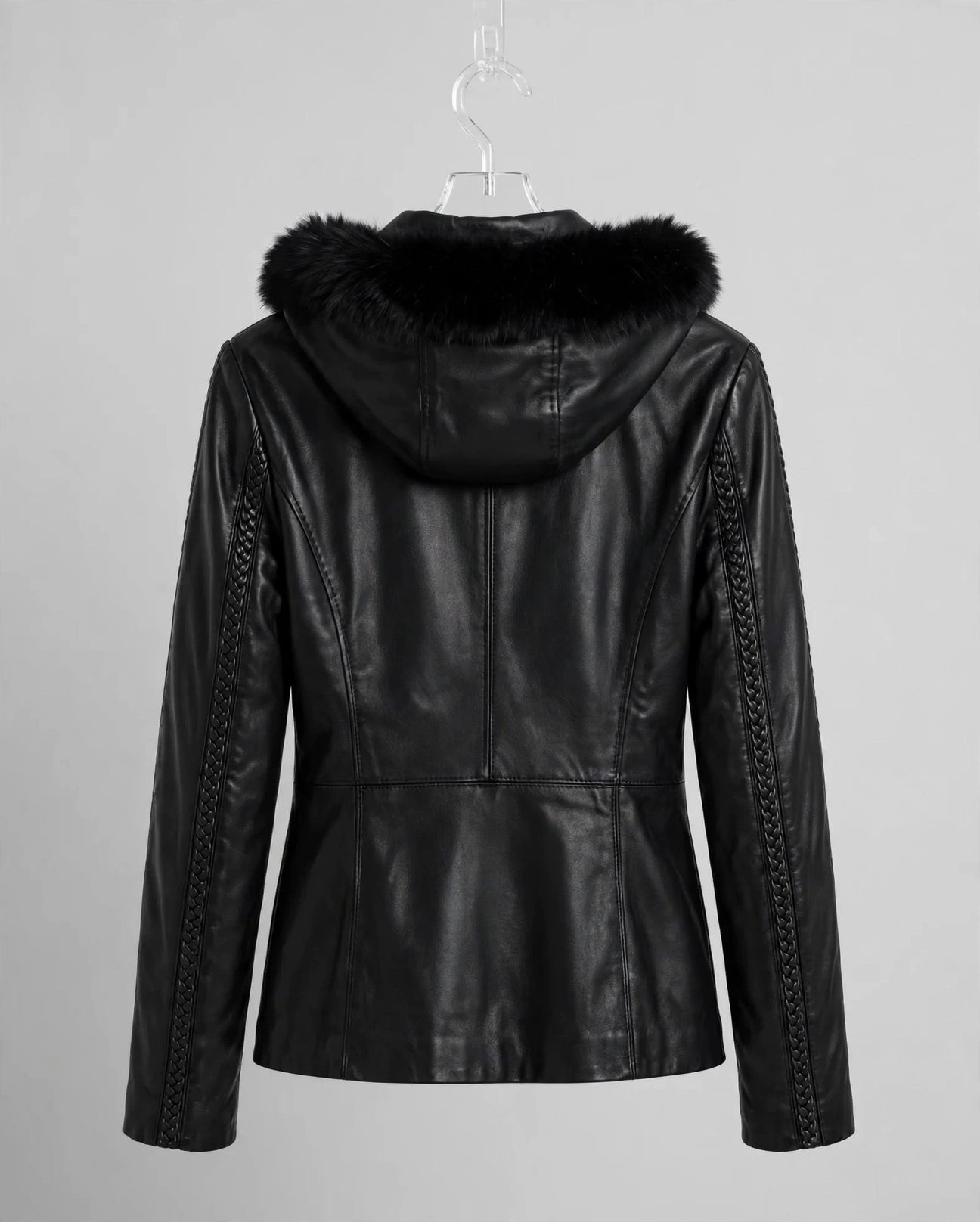 28" Fox Trimmed Leather Coat with Detachable Hood – Braided Leather Trim | JenZleather