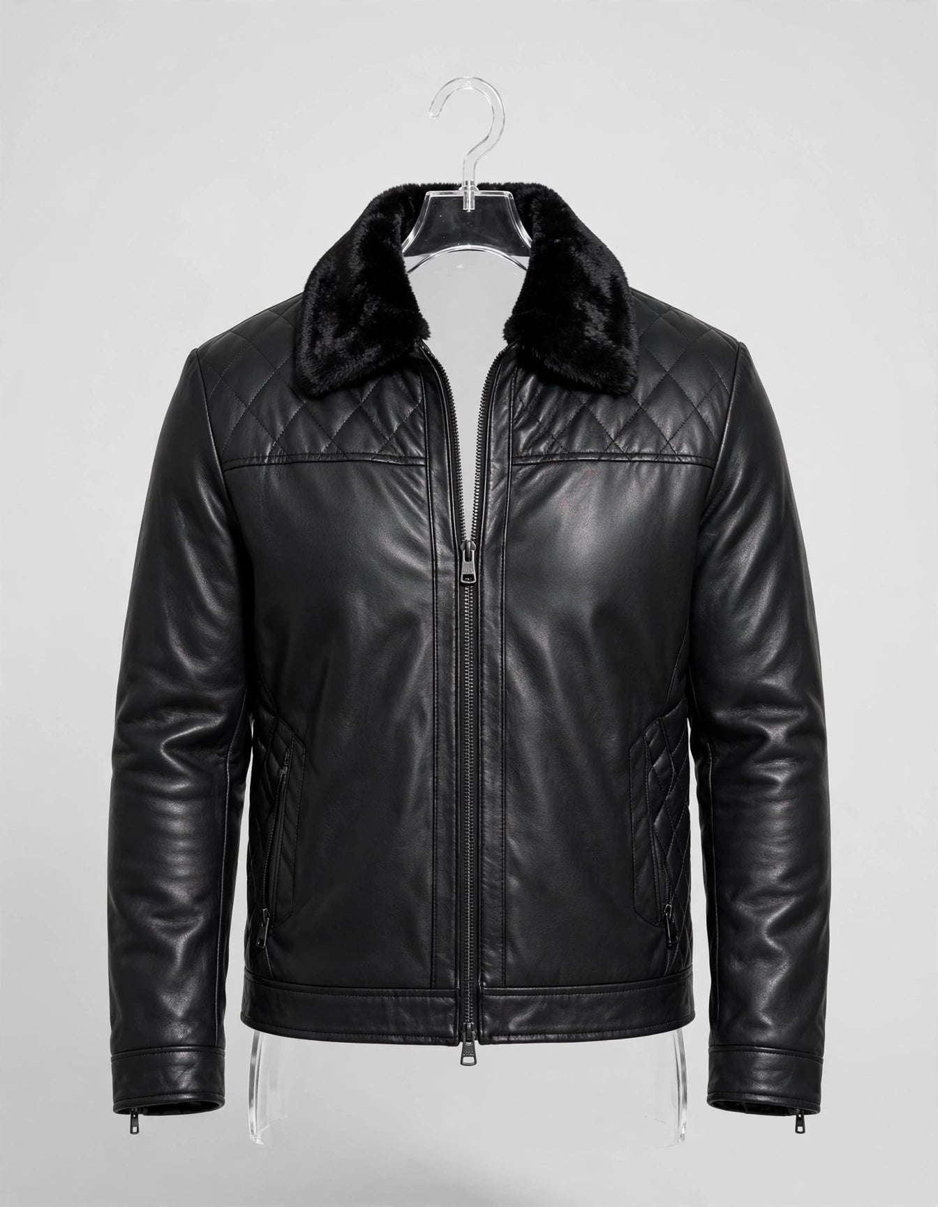 Smooth Lamb-Touch Faux Leather Jacket with Detachable Fur Collar – Classic Style | JenZleather