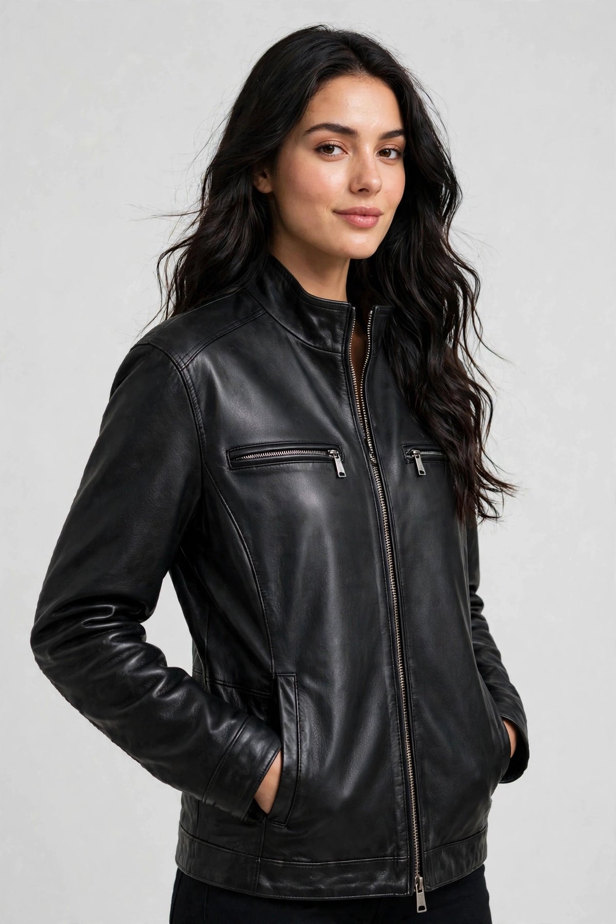 Genuine Lambskin Leather Jacket – Stand-Up Collar Winter Coat | JenZleather
