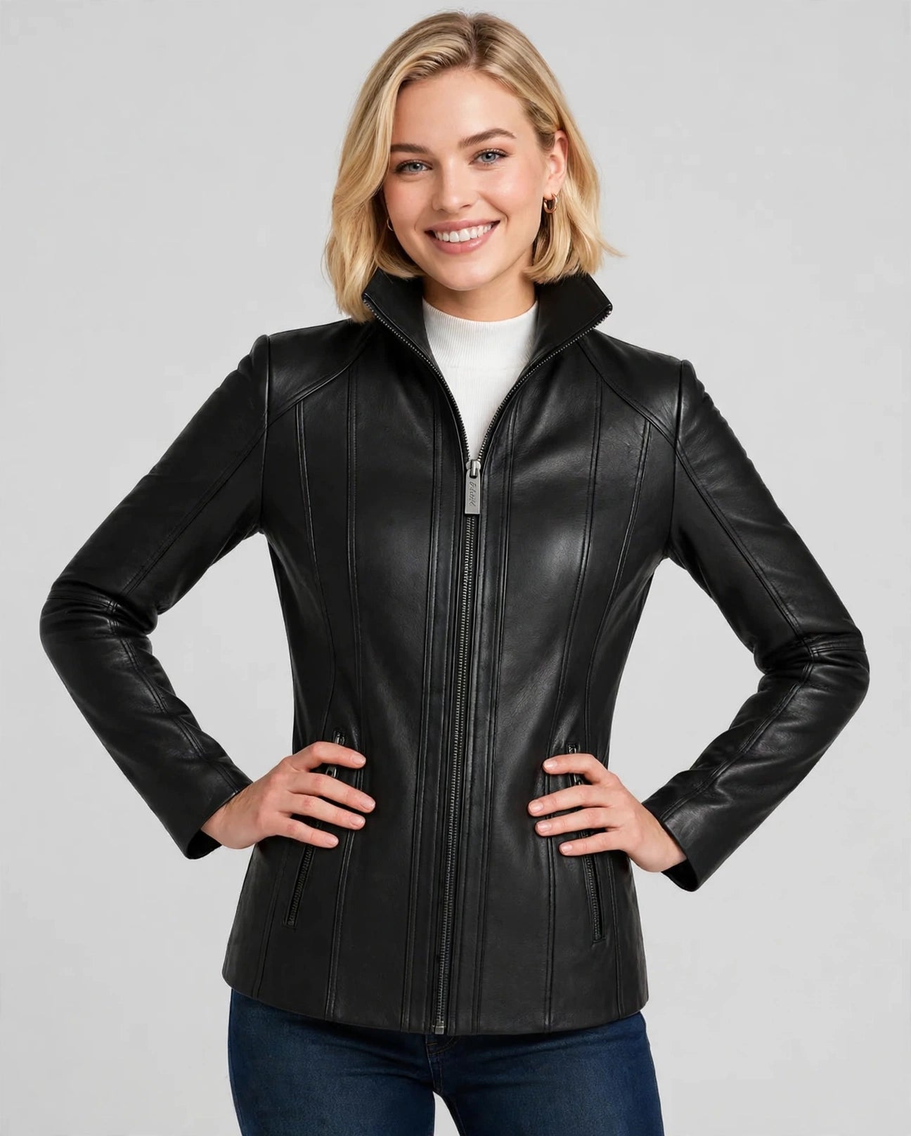 Genuine Lambskin Leather Stand-Up Collar Winners Coat | JenZleather