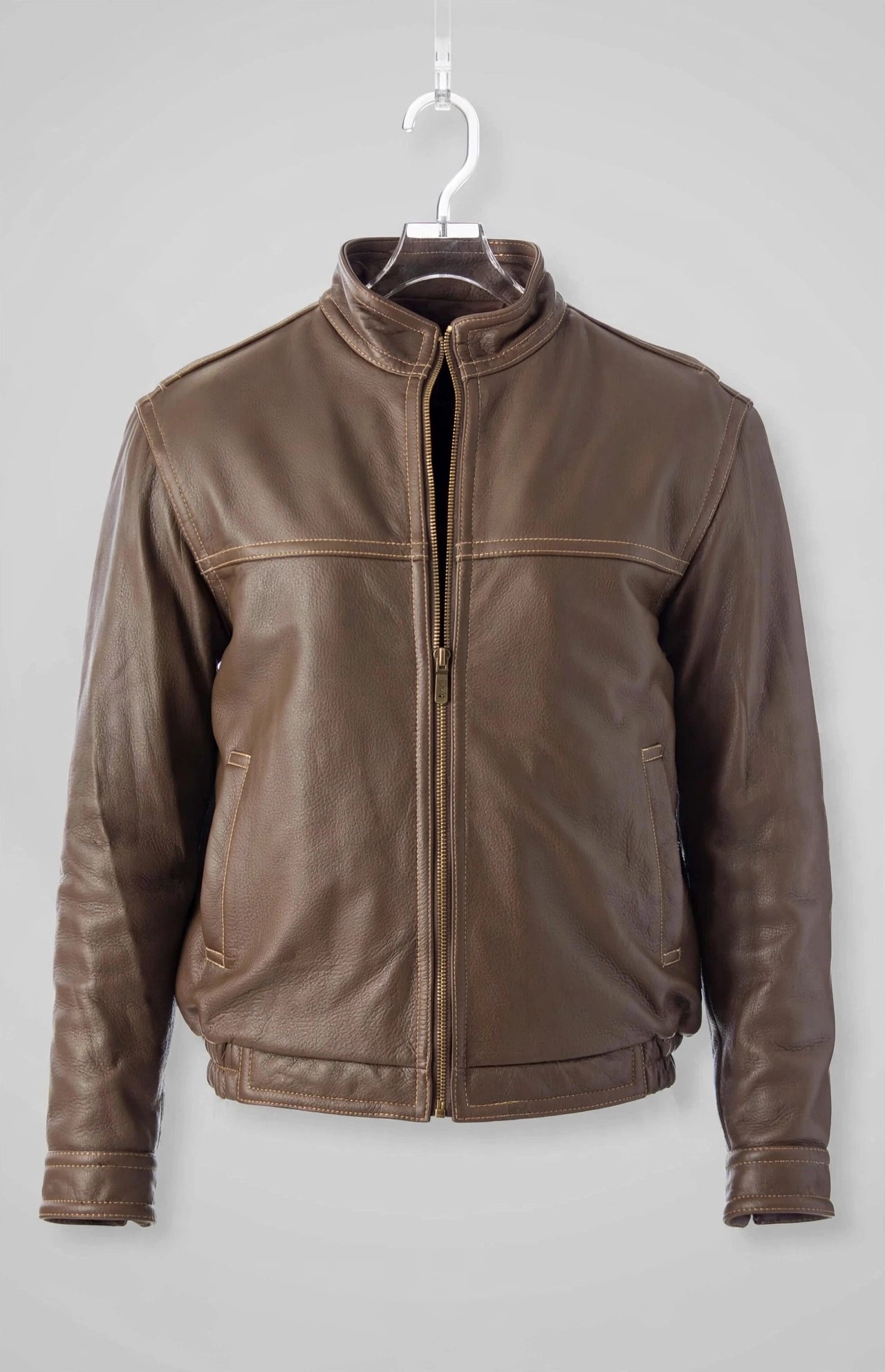 Contemporary Stand-Up Collar Leather Jacket