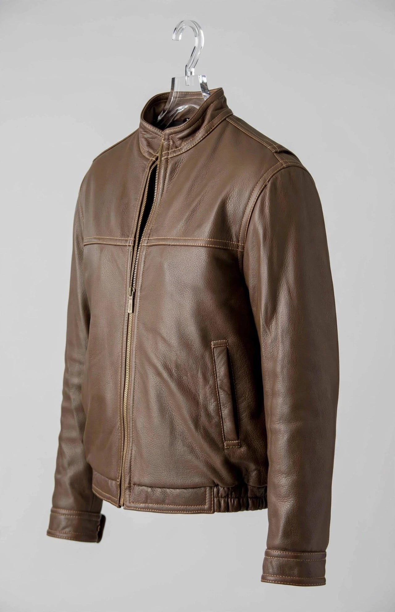 Contemporary Stand-Up Collar Leather Jacket