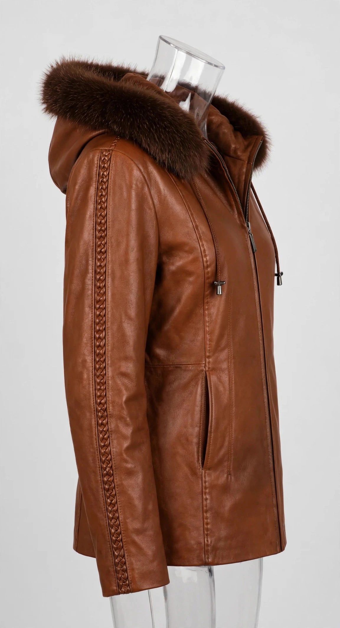 28" Fox Trimmed Leather Coat with Detachable Hood – Braided Leather Trim | JenZleather
