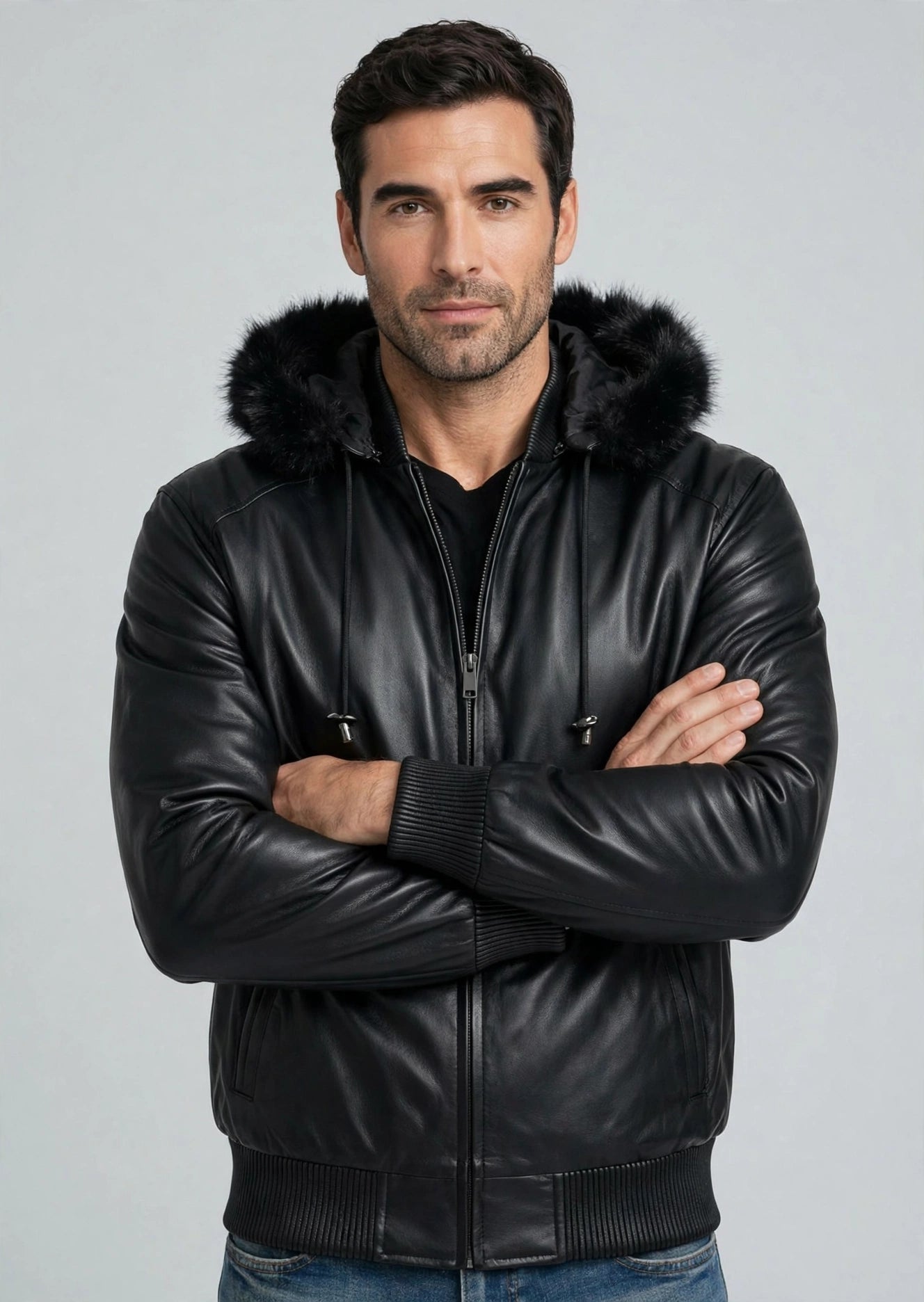 Hooded Leather Bomber Jacket with Zip-Out Fur Hood – Genuine Lambskin | JenZleather