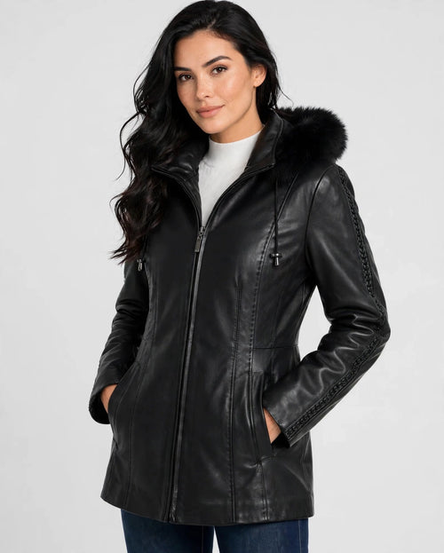 28" Fox Trimmed Leather Coat with Detachable Hood – Braided Leather Trim | JenZleather