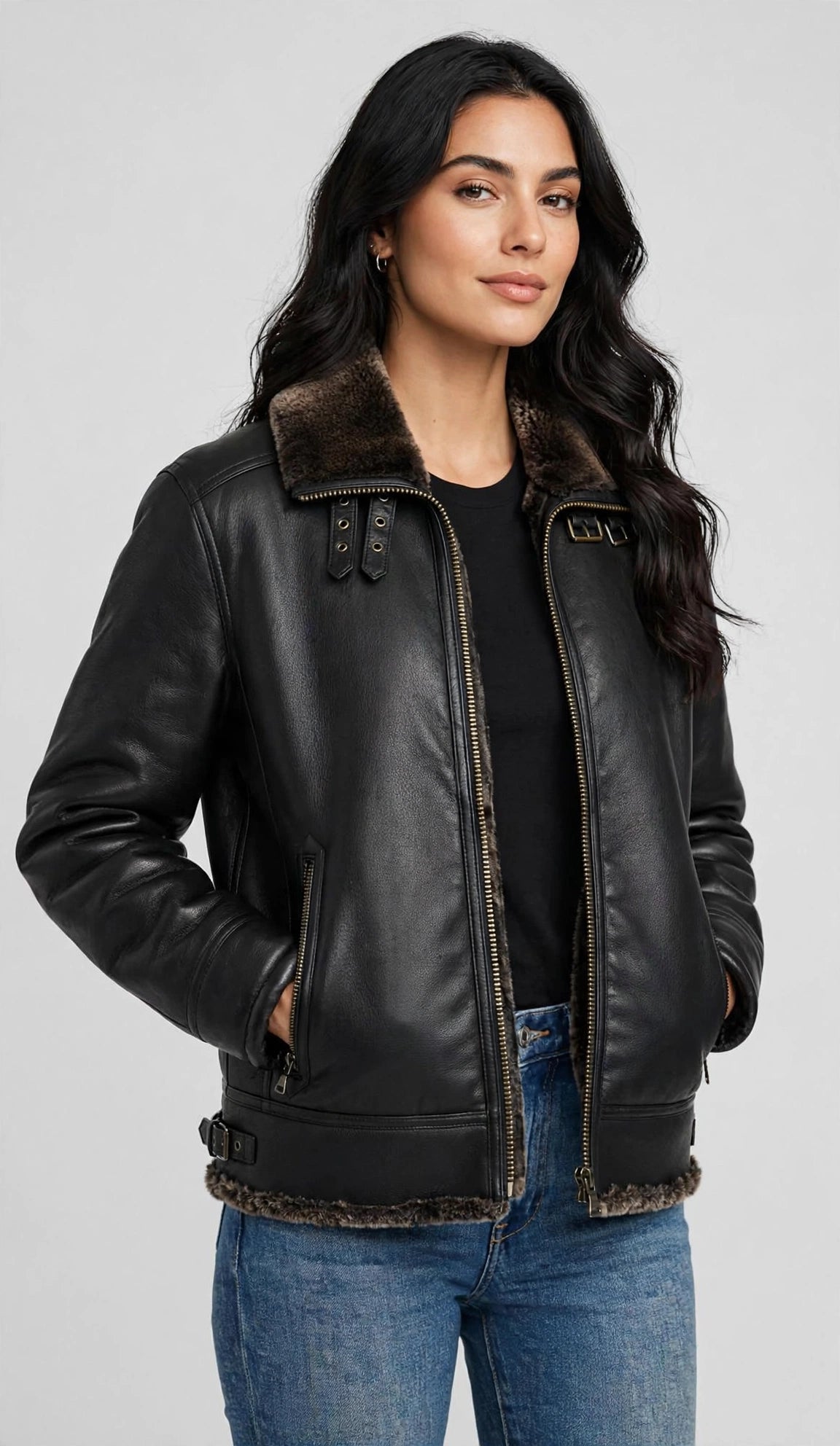 B-3 Bomber Faux Shearling Jacket – Zip-Up Collar Winter Coat | JenZleather