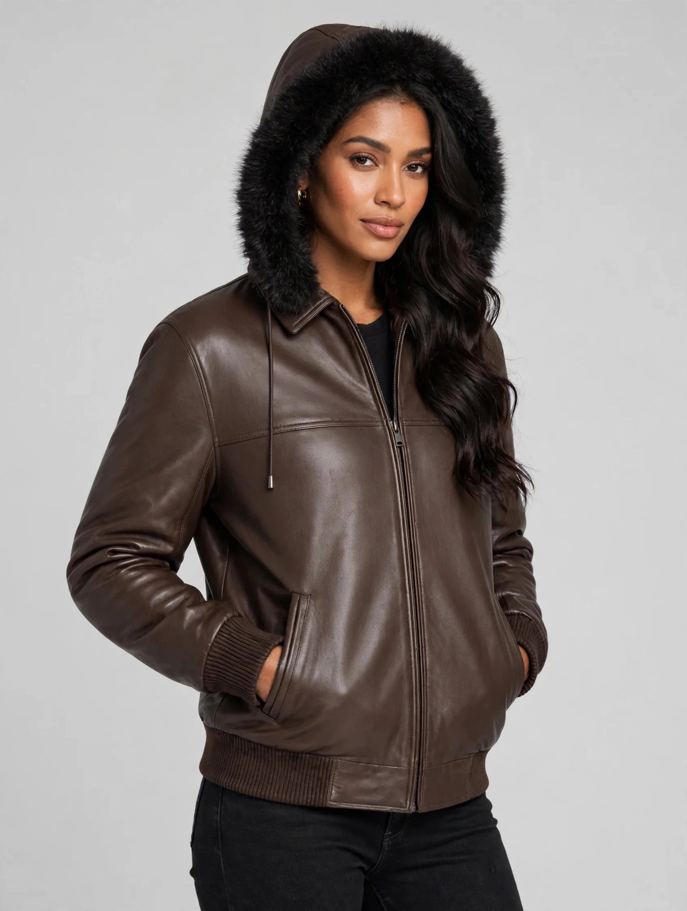 Hooded Leather Bomber Jacket with Zip-Out Fur Hood – Genuine Lambskin | JenZleather