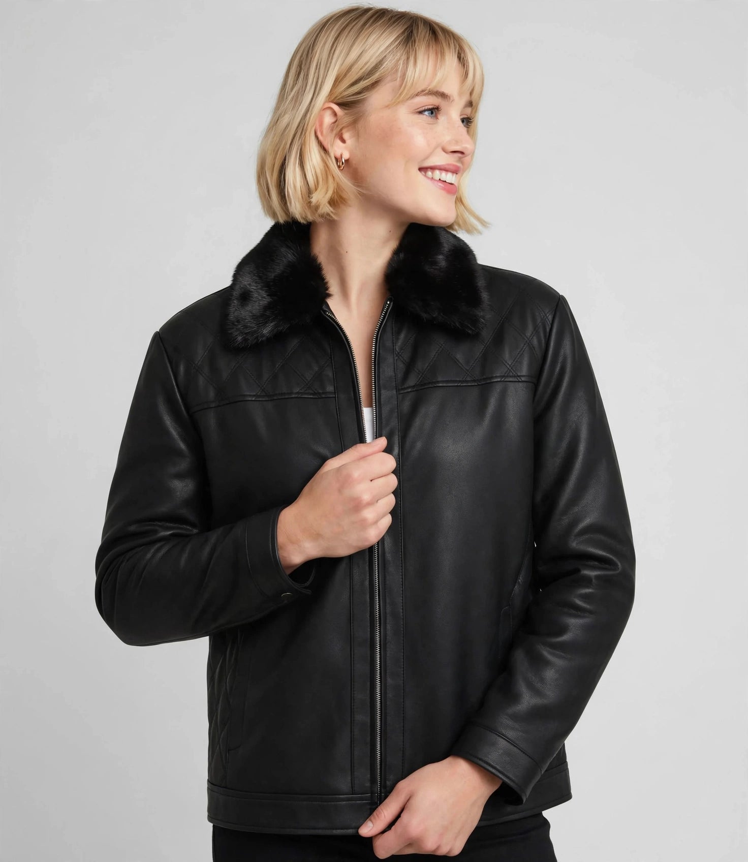 Smooth Lamb-Touch Faux Leather Jacket with Detachable Fur Collar – Classic Style | JenZleather