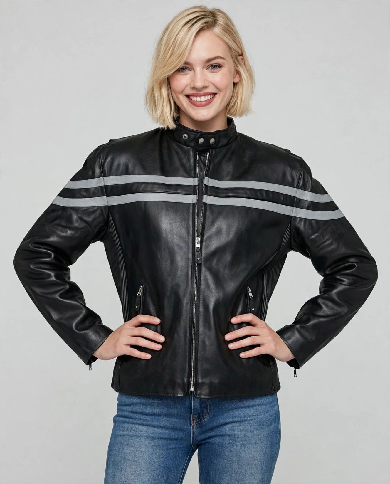 Vented Motorcycle Leather Jacket – Hidden Air Vents, Racing Stripe Design | JenZleather