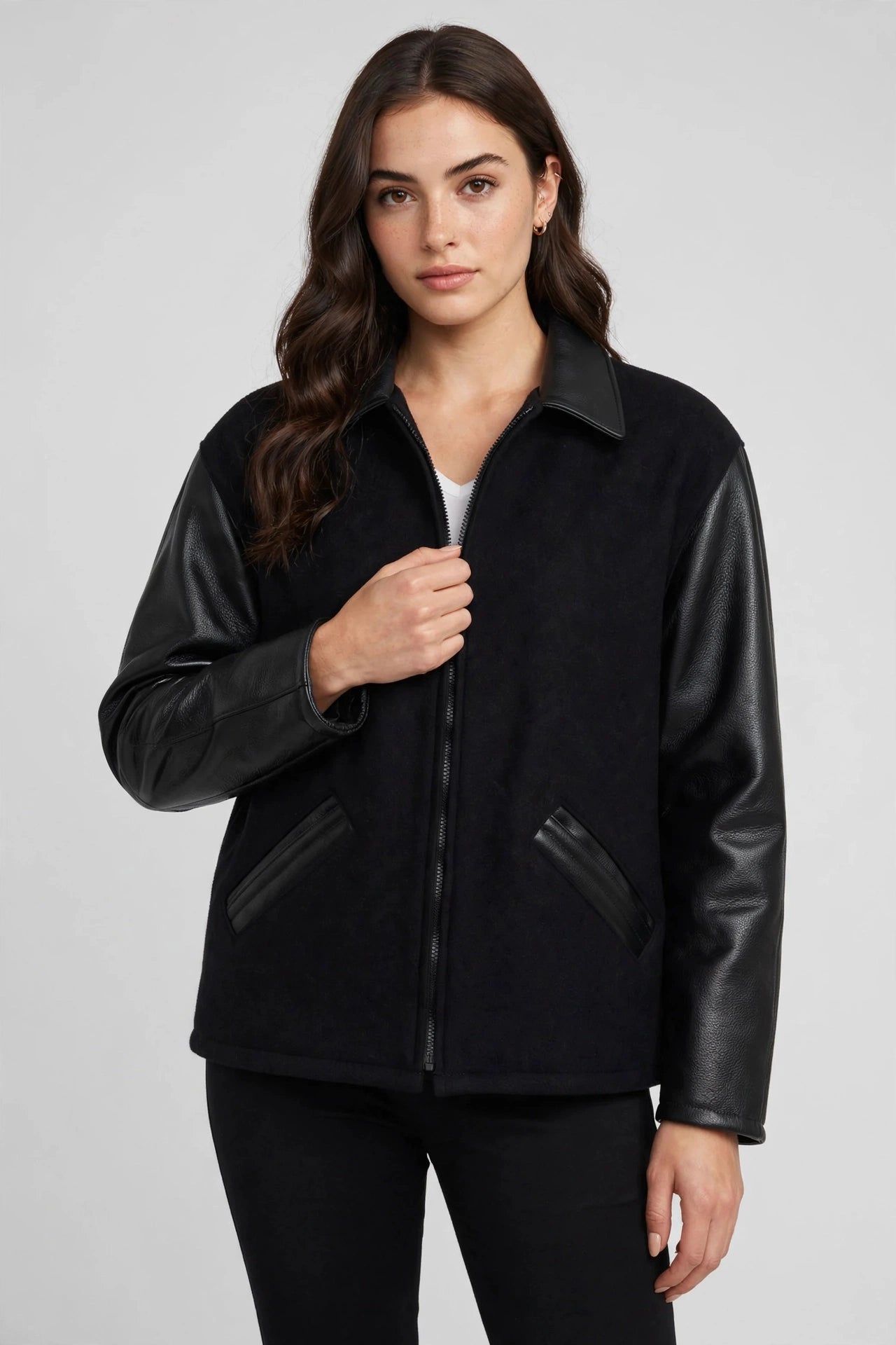 Men's Premium Straight Bottom Leather Wool Jacket Made in USA