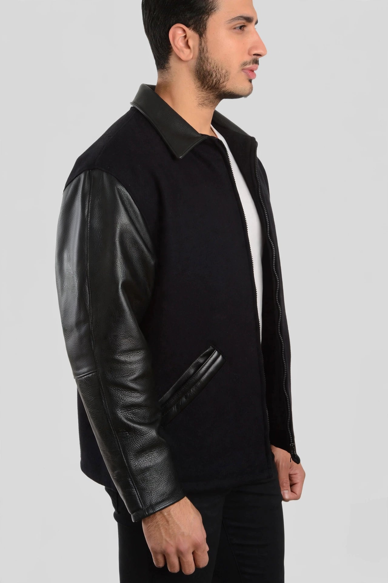 Men's Premium Straight Bottom Leather Wool Jacket Made in USA