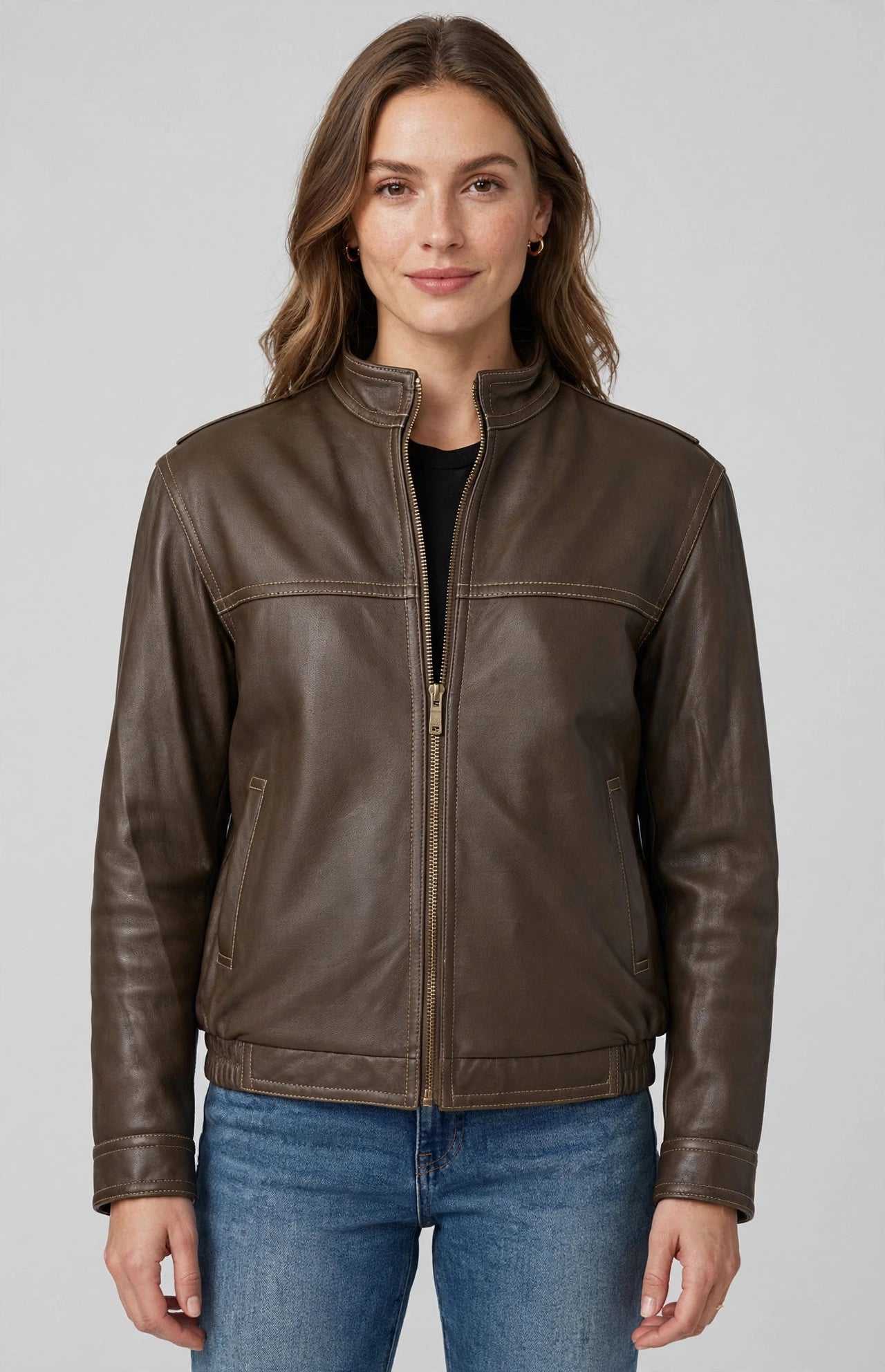 Contemporary Stand-Up Collar Leather Jacket