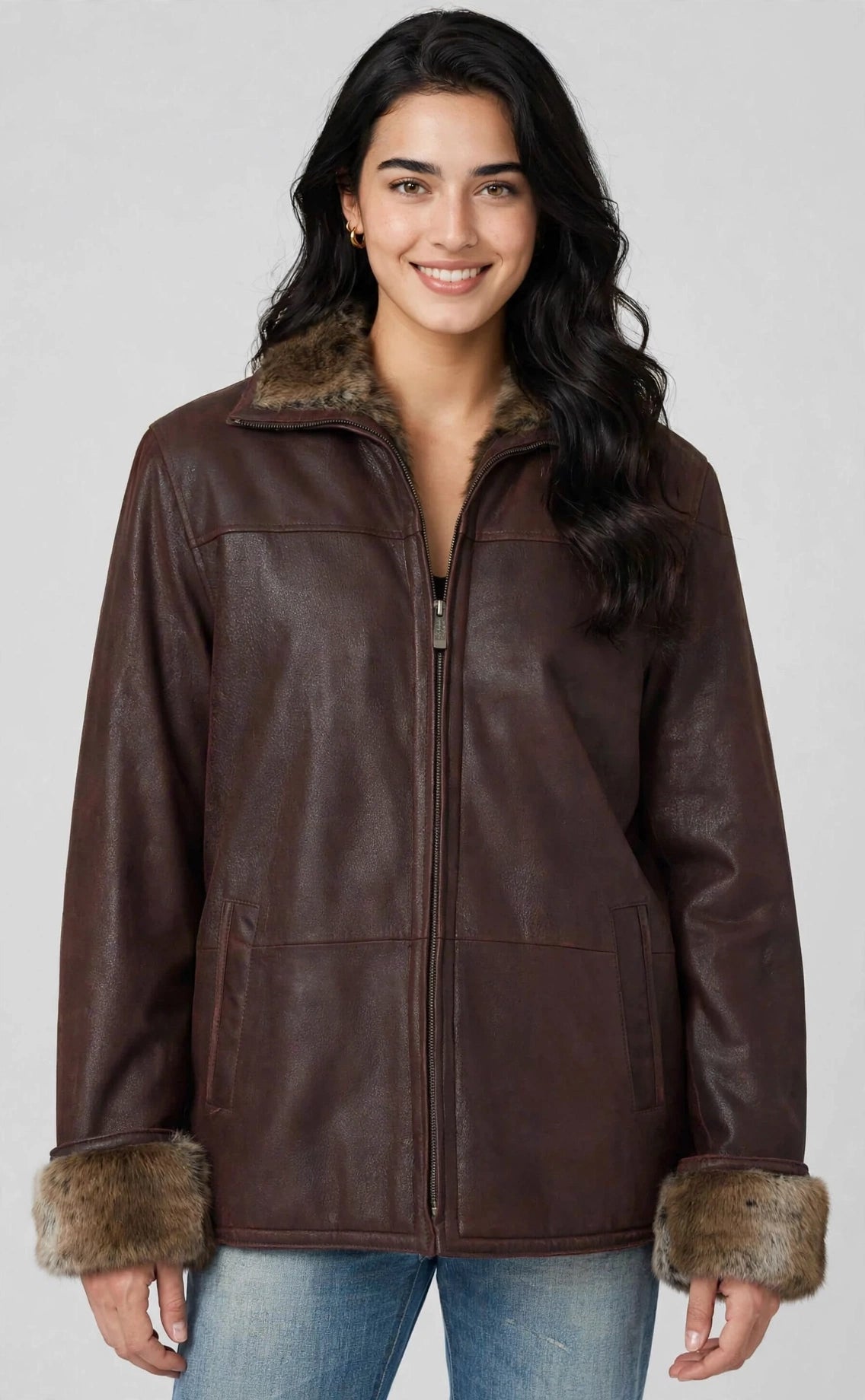 Zip-Up Collar Sheepskin Leather Shearling Coat – Heavy Weight Winter Jacket | JenZleather
