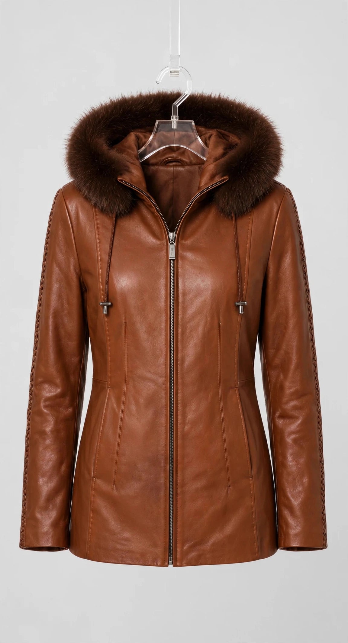 28" Fox Trimmed Leather Coat with Detachable Hood – Braided Leather Trim | JenZleather