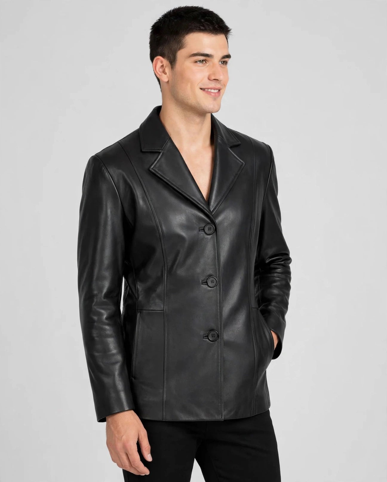 27" Three-Button Leather Blazer Jacket – Imported Lamb Leather | JenZleather