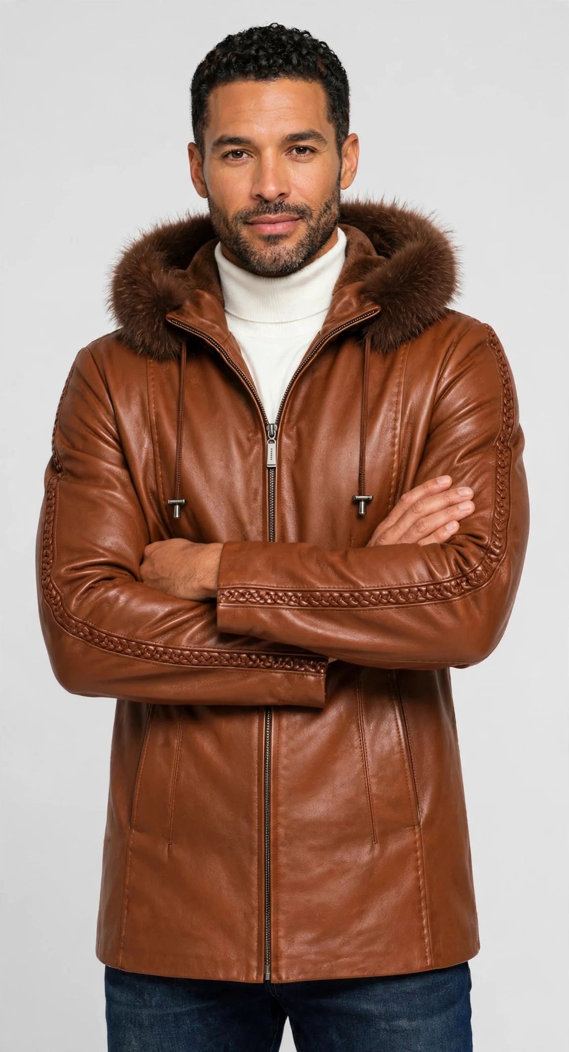 28" Fox Trimmed Leather Coat with Detachable Hood – Braided Leather Trim | JenZleather