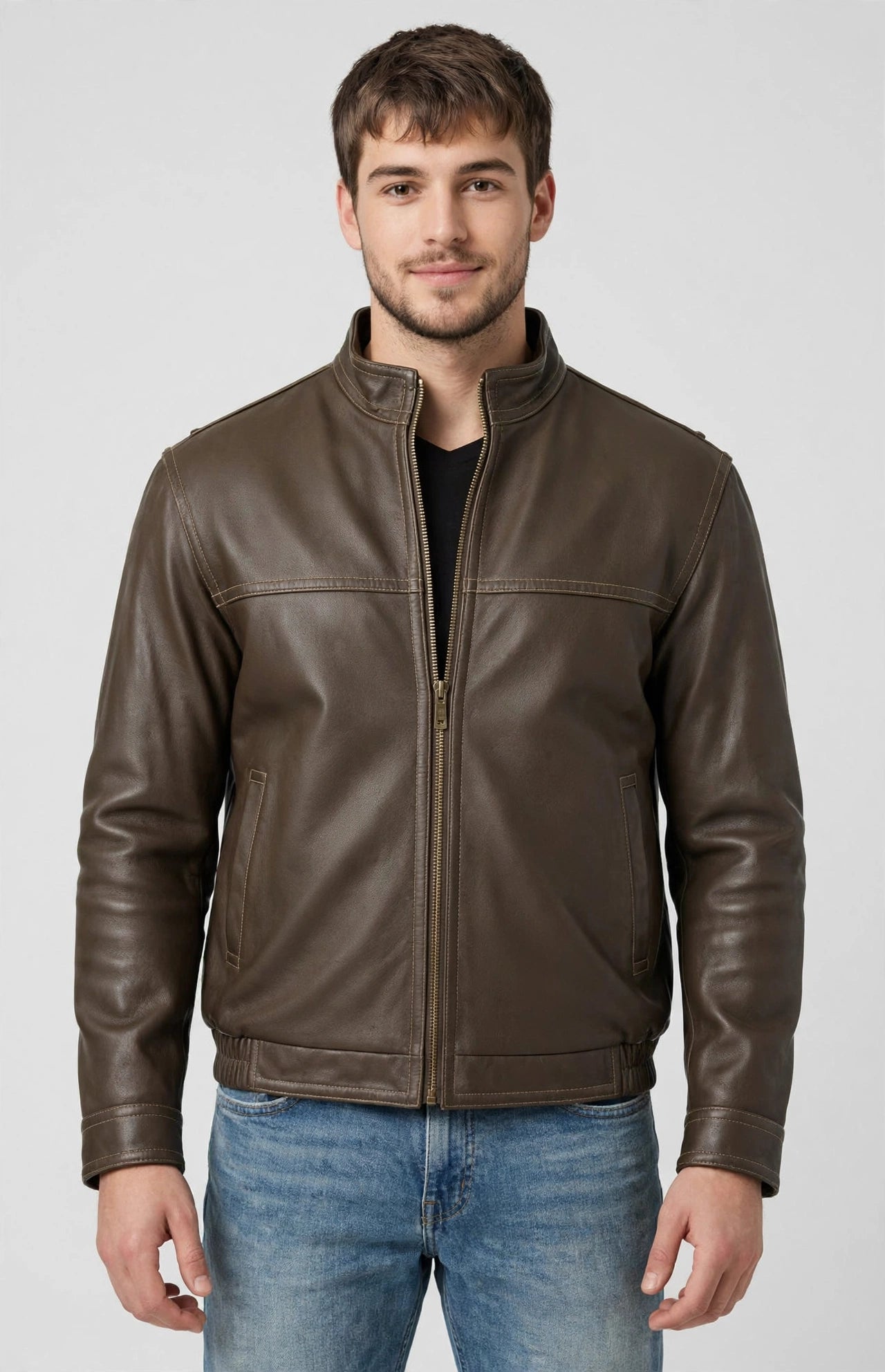 Contemporary Stand-Up Collar Leather Jacket